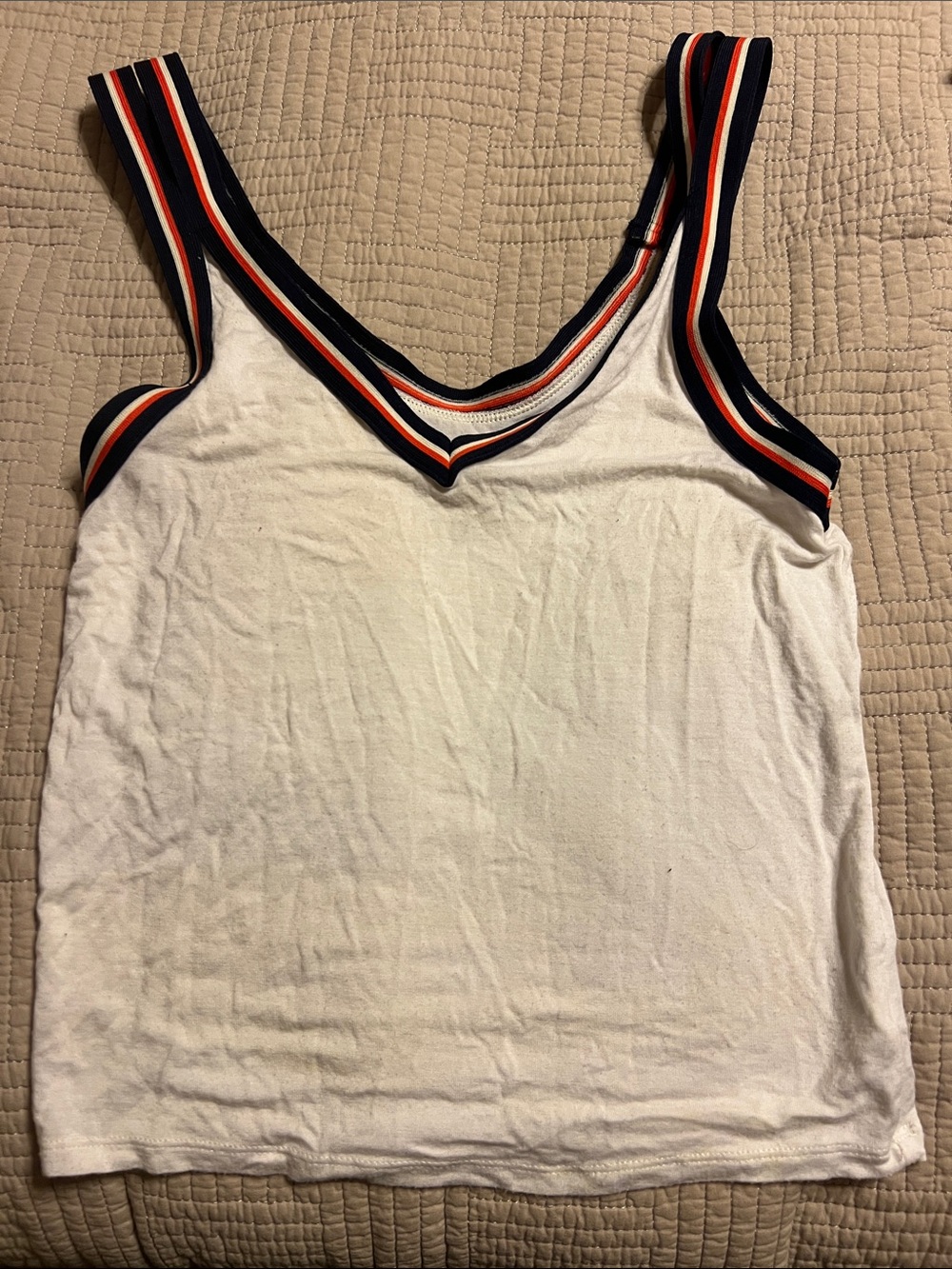 American Eagle Outfitters White V-Neck Tank with Navy & Red Trim